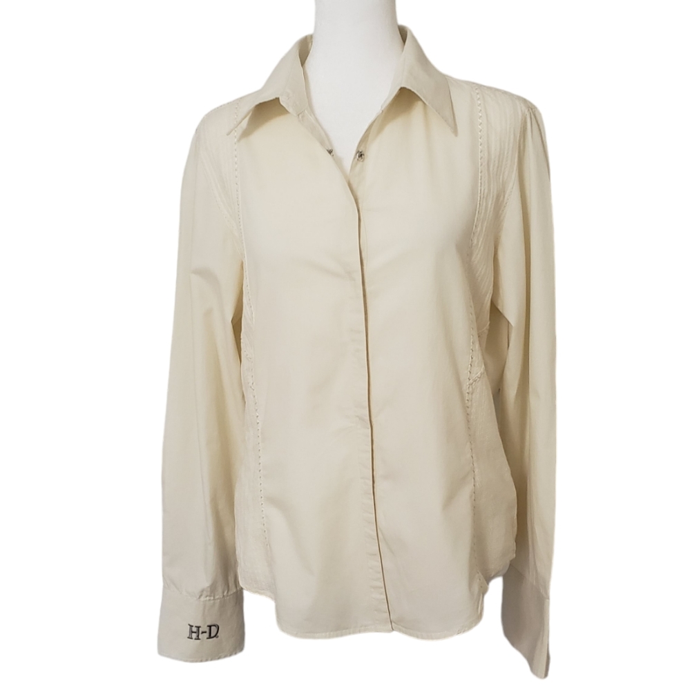 Harley-Davidson Women's Shirt Beige Cream Snap Long Embroidered Size L
